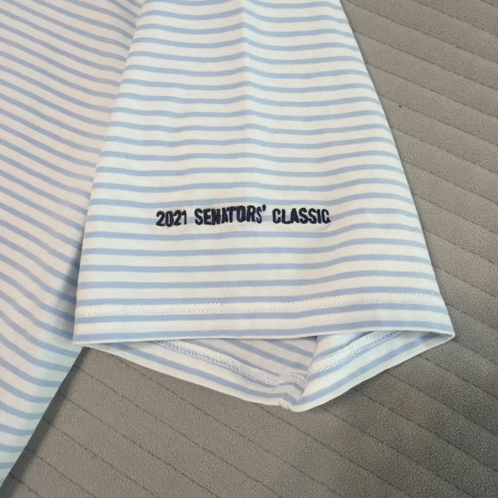 B. Draddy Polo Shirt Men's Large Blue Short Sleeve Golf Stretch Casual Striped